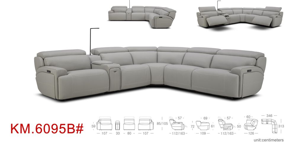 Interlochen 6-Piece Leather Power Reclining Sectional with Power Headrests in Blanca Light Gray, , large