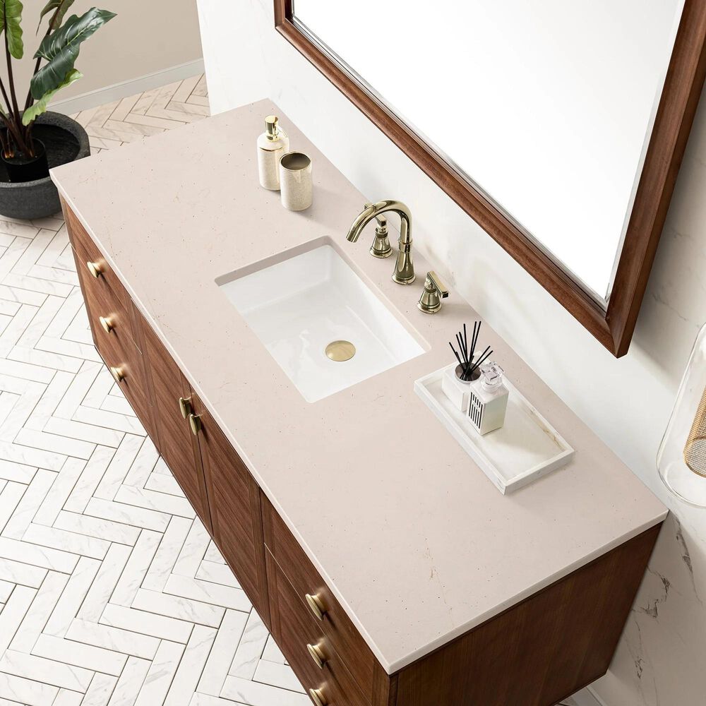 James Martin Vanities Amberly 60&quot; Single Bathroom Vanity in Walnut with 3 cm Eternal Marfil Quartz Top and Rectangular Sink, , large