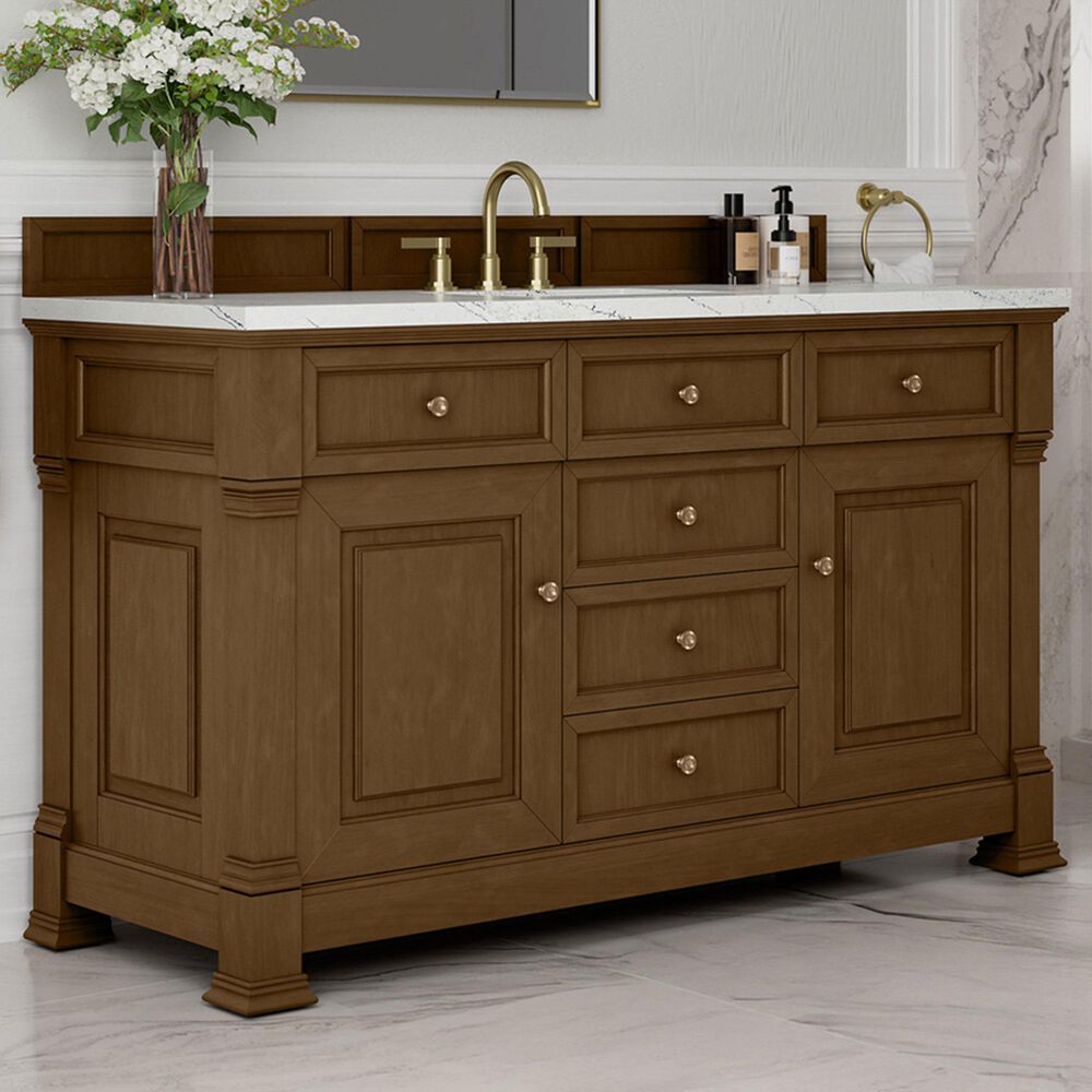James Martin Vanities Brookfield 60" Single Bathroom Vanity in Honey Oak with 3 cm Ethereal Noctis Quartz Top and Rectangular Sink, , large