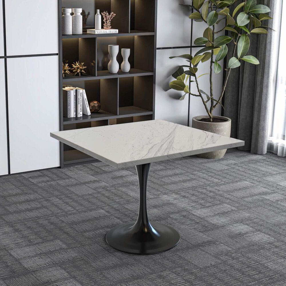 Leisuremod LeisureMod Verve Collection 36 Square Dining Table, Black Base with Laminated White Marbleized Top, , large