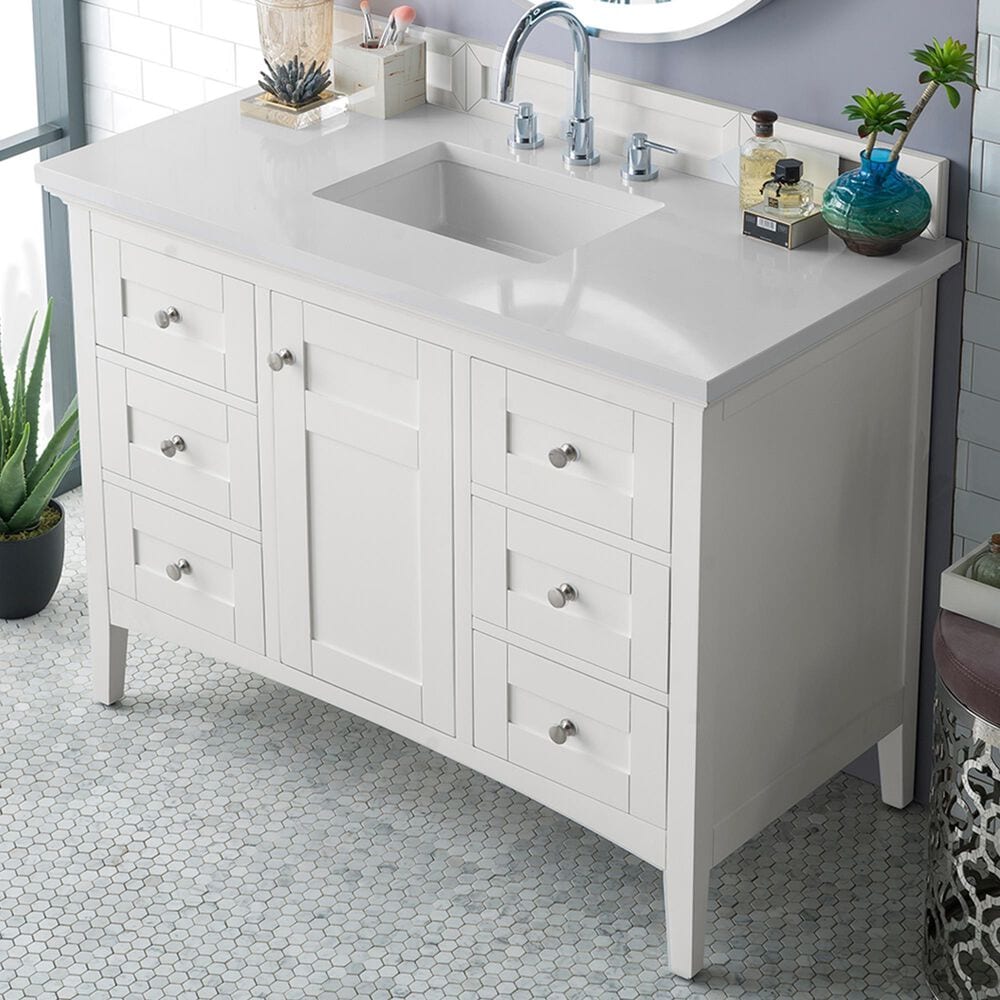 James Martin Vanities Palisades 48" Single Bathroom Vanity in Bright White with 3 cm White Zeus Quartz Top and Rectangular Sink, , large