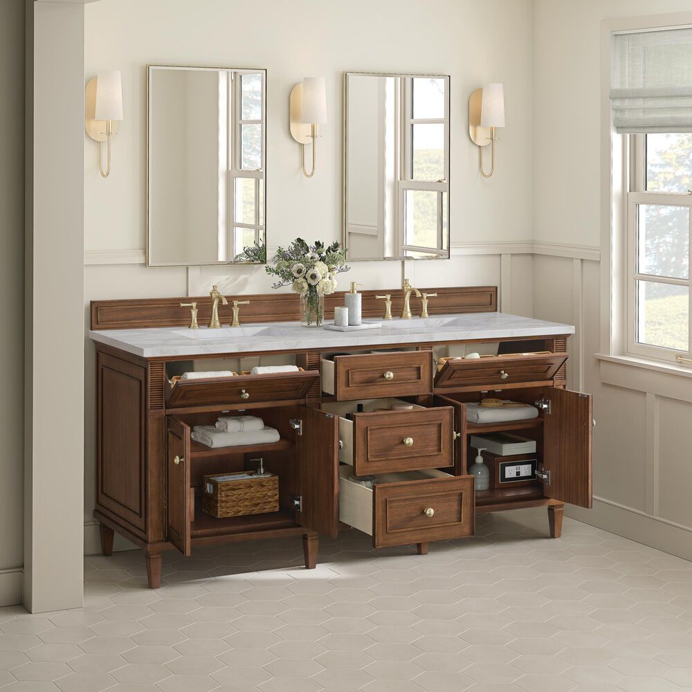 James Martin Vanities Lorelai 72" Double Bathroom Vanity in Mid-Century Walnut with 3 cm Eternal Jasmine Pearl Silestone Top, Rectangular Sinks and FreePower Wireless Charger, , large