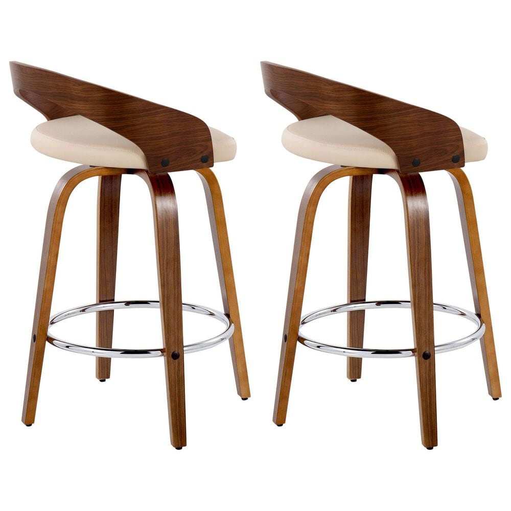 LumiSource Grotto 26" Swivel Counter Stool with Cream Faux Leather Upholstery in Walnut and Chrome (Set of 2), , large
