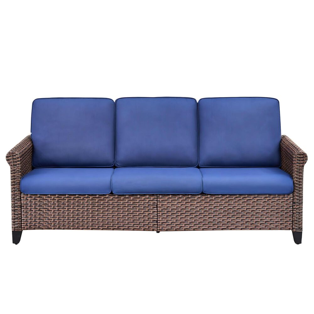 Sunwell Garden 32"H 3-Seater Outdoor Sofa with Wide Armrests and Navy Cushion in Brown, , large