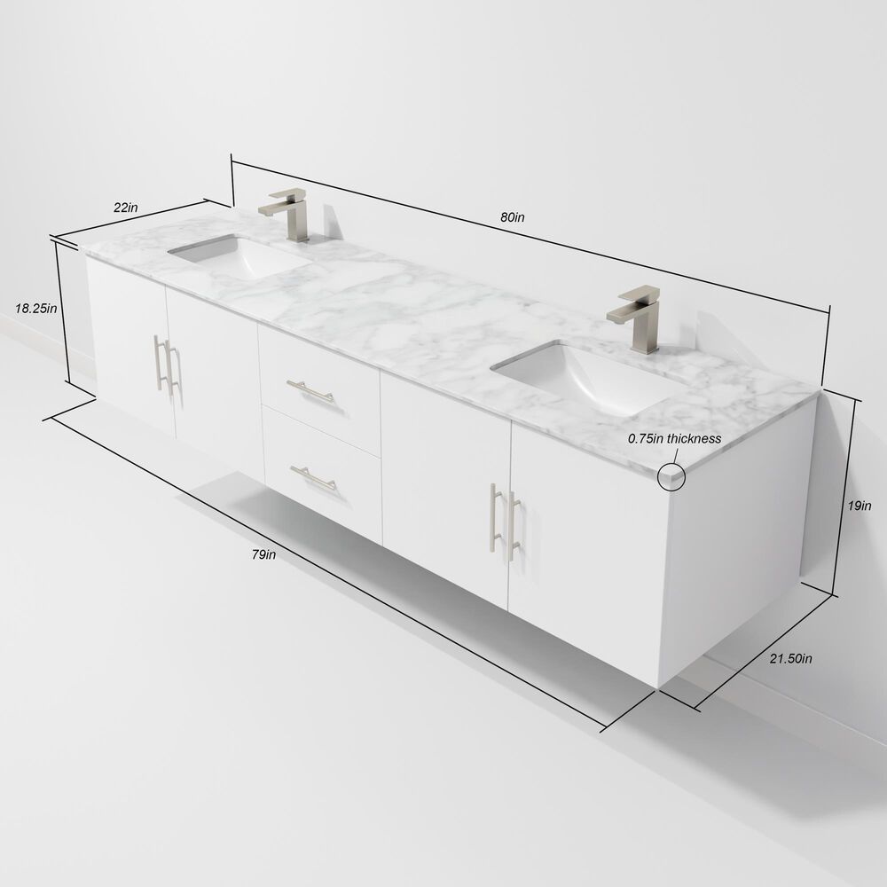 Lexora Home Geneva 80" Double Bathroom Vanity in Glossy White with 2 cm White Carrara Marble Top and Rectangular Sinks, , large
