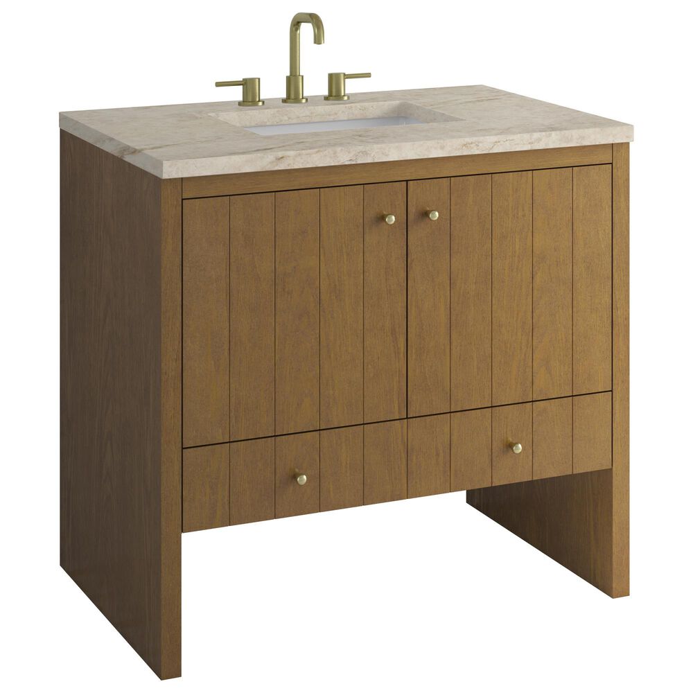 James Martin Hudson 36" Single Bathroom Vanity in Honey Oak with 3 cm Tajnar Eclos Top and Rectangular Sink, , large