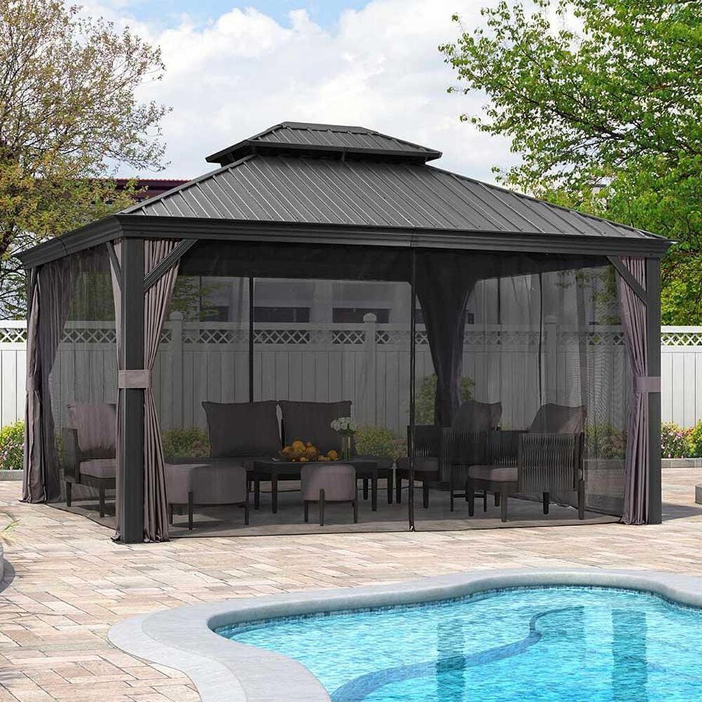 HOMLUX 14-ft x 10-ft Permanent Hardtop Gazebo Gray Gazebo with Hardtop Roof (Screen Included), , large