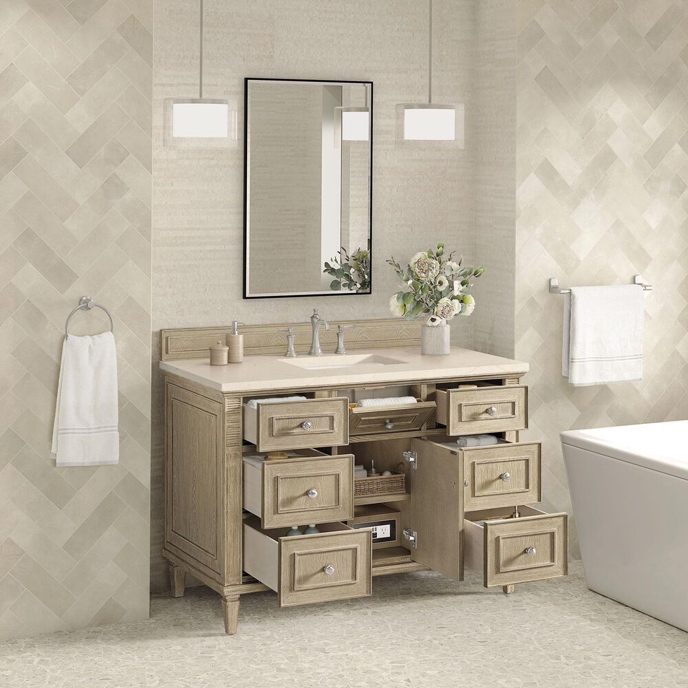 James Martin Vanities Lorelai 48&quot; Single Vanity in Whitewashed Oak with 3 cm Eternal Marfil Quartz Top, , large