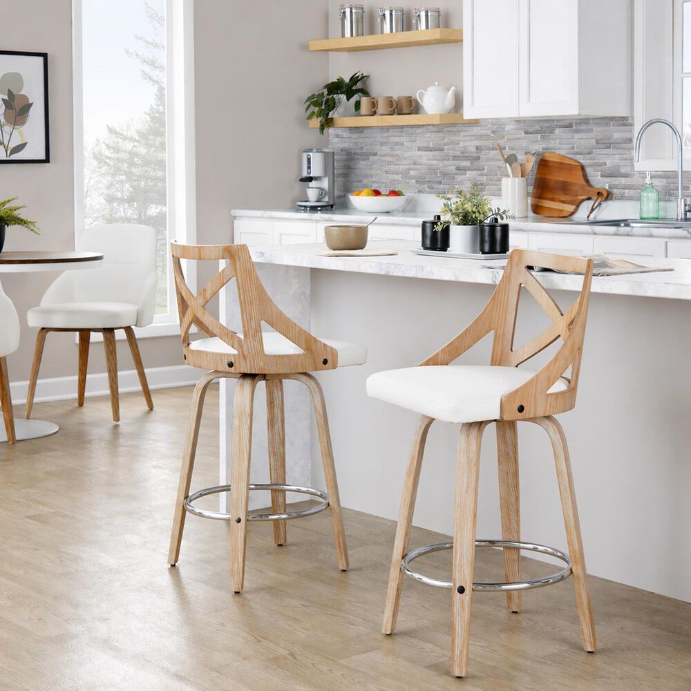 LumiSource Charlotte Swivel Counter Stool with White Faux Leather Upholstery in Whitewashed and Chrome (Set of 2), , large
