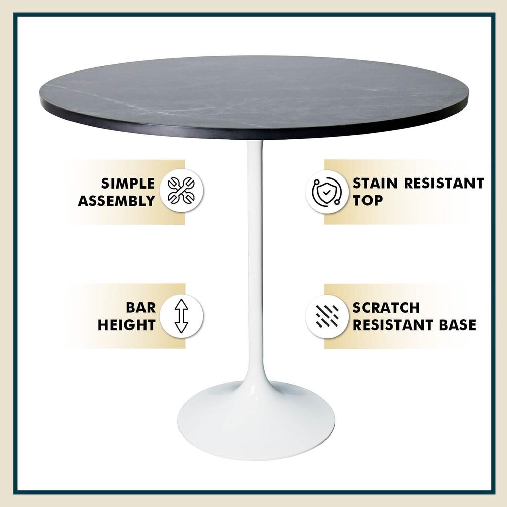 Leisuremod LeisureMod Verve Collection Modern Bar Height Table White Base with 48 Round Black Marbelized MDF Top, , large