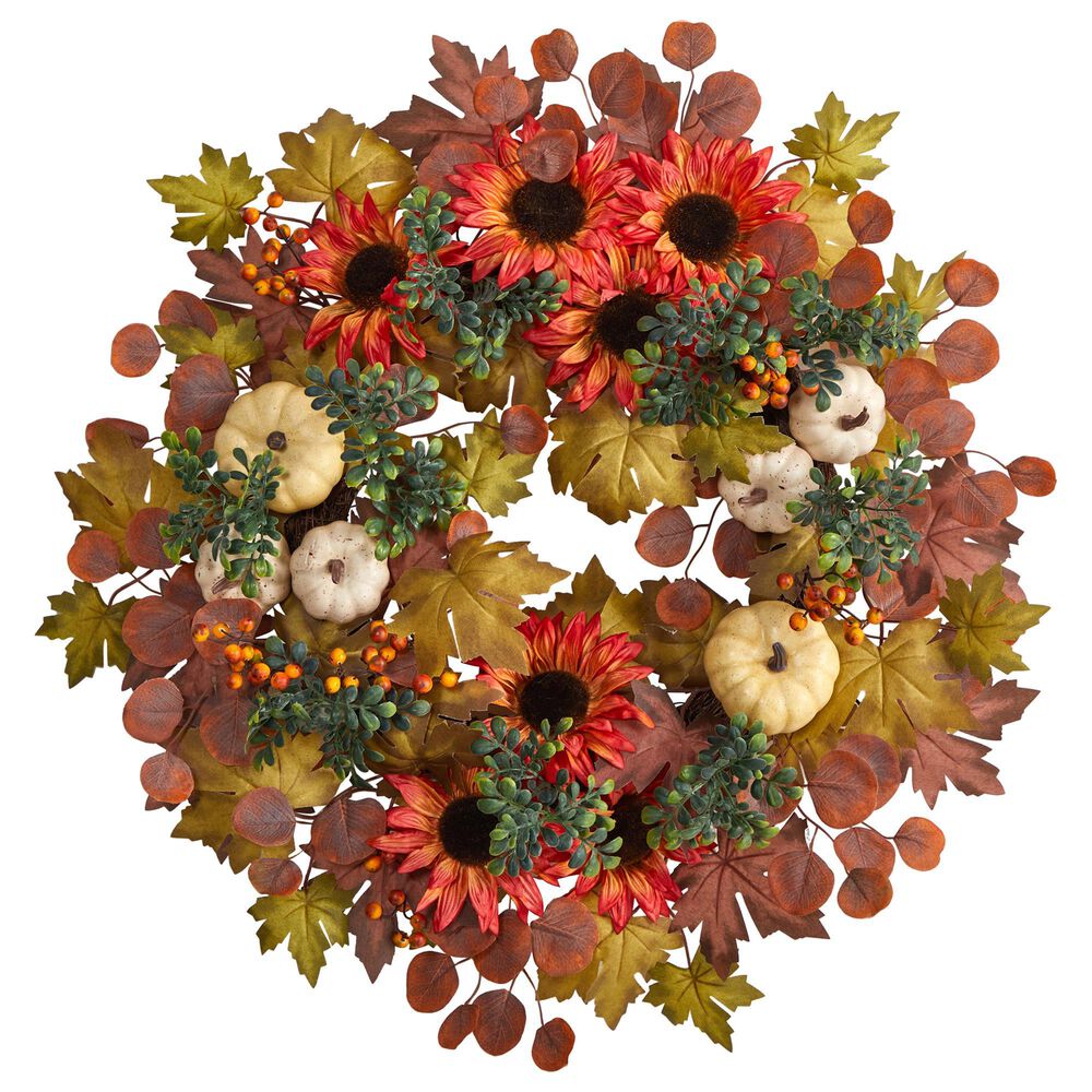 Nearly Natural Inc 30in. Fall Acorn, Sunflower, Berries, Pumpkins and Autumn Foliage Artificial Wreath, , large