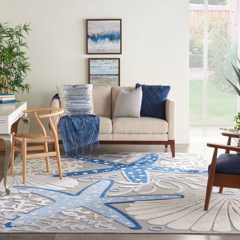 Nourison Aloha 12&#39; x 15&#39; Cool Grey, Blue, White and Ivory Indoor/Outdoor Area Rug, , large