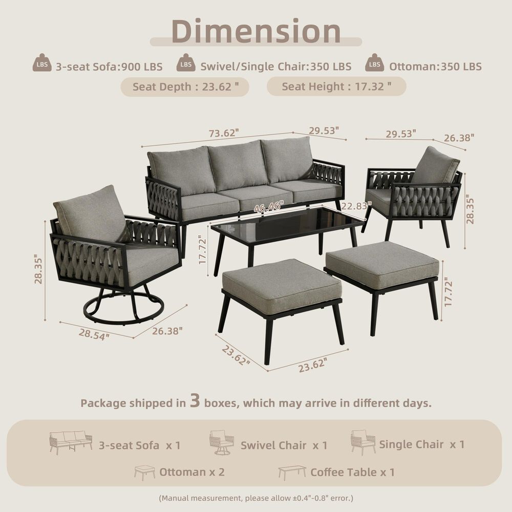 HOMLUX 6-Piece Patio Conversation Set with Woven Sling Fabric in Dark Gray, , large
