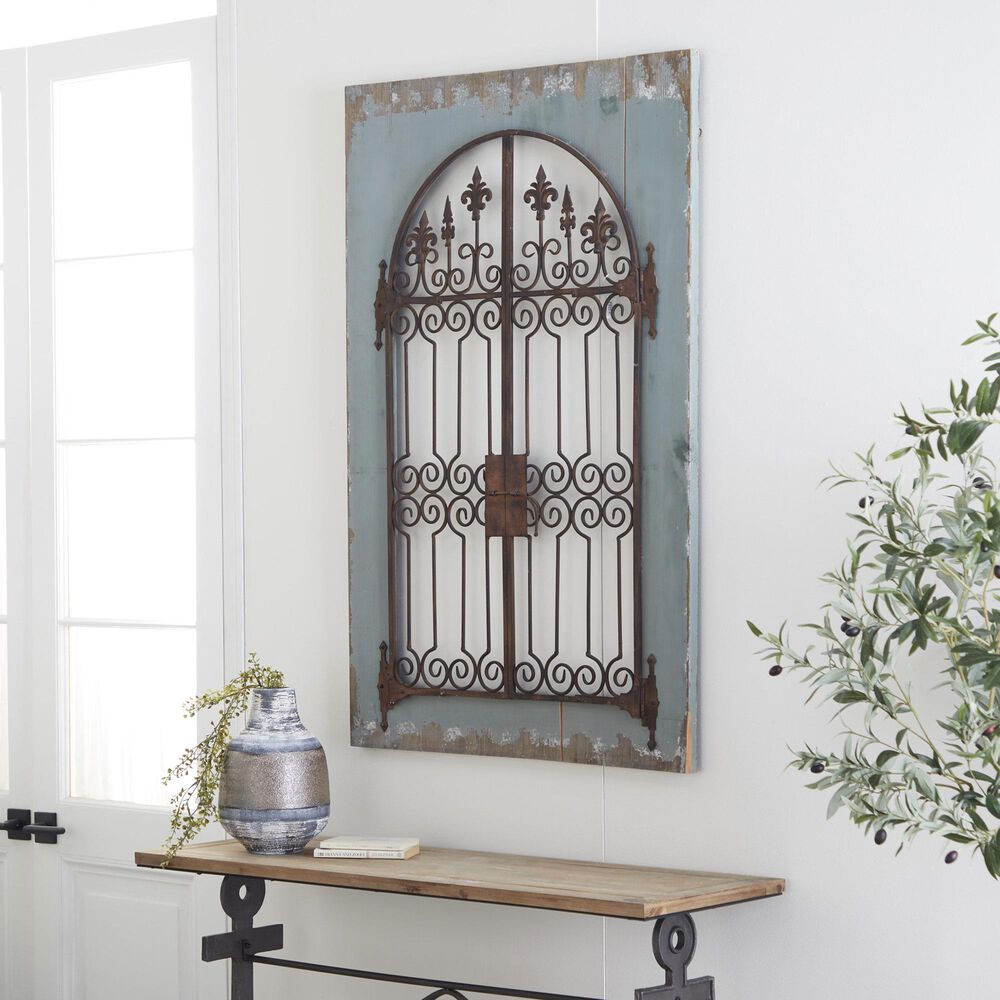 Maple and Jade 33&quot; x 50&quot; Arched Windowpane Fleur De Lis Home Wall Decor with Rust Metal Scrolled Gate in Distressed Blue and Bronze, , large