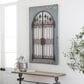Maple and Jade 33" x 50" Arched Windowpane Fleur De Lis Home Wall Decor with Rust Metal Scrolled Gate in Distressed Blue and Bronze, , large