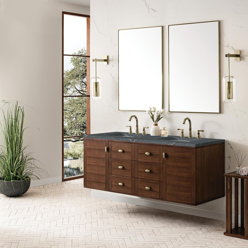 James Martin Vanities Amberly 60&quot; Double Bathroom Vanity in Mid-Century Walnut with 3 cm Parisien Bleu Quartz Top and Rectangular Sinks, , large