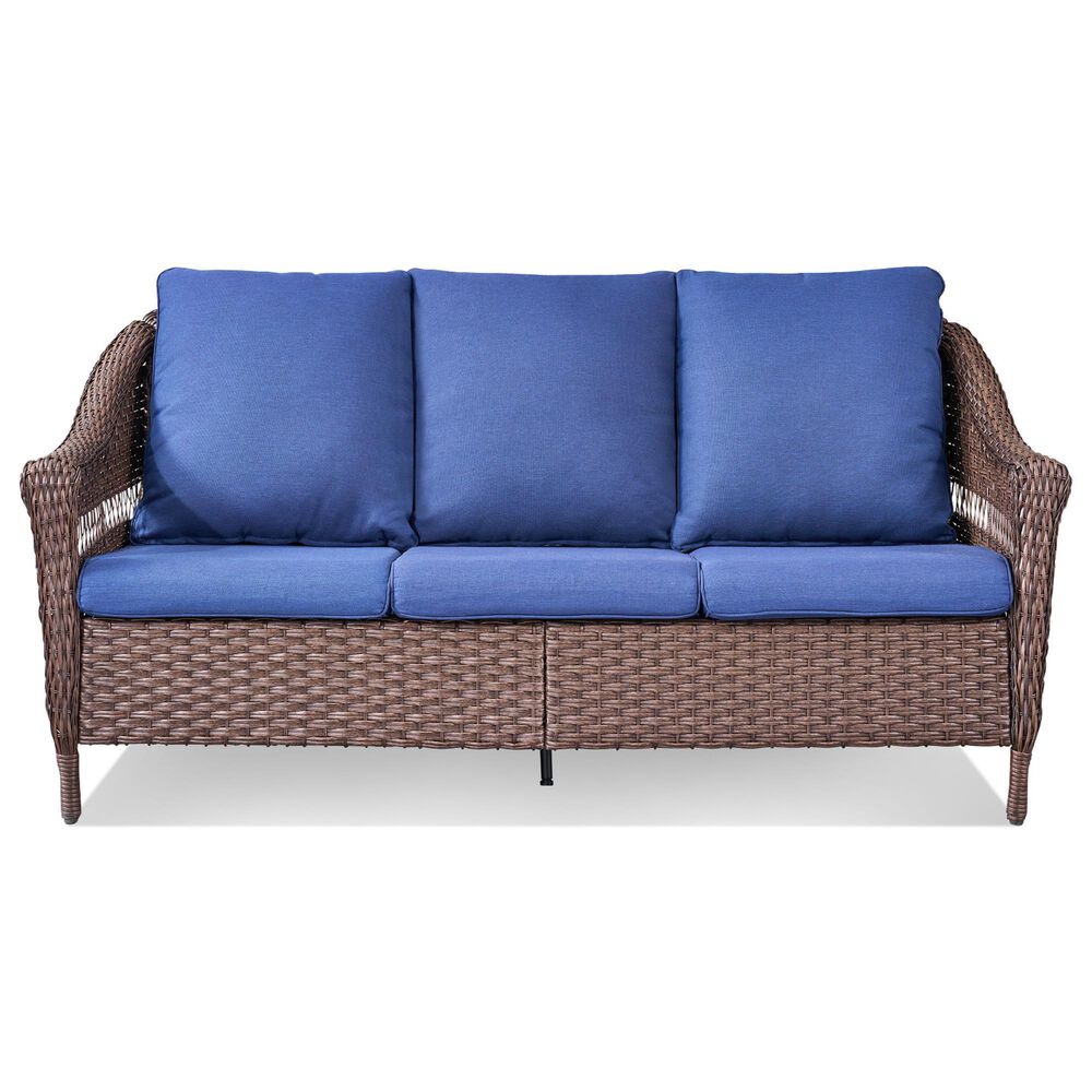 Sunwell Garden 33"H 3-Seater Outdoor Sofa with Curved Armrests and Navy Cushions in Brown, , large
