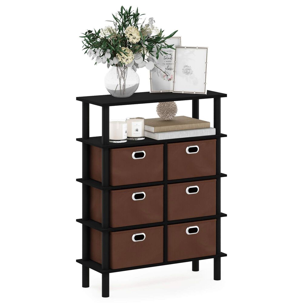 HOMLUX 5-Tier Modern Storage Bookshelf with 6 Storage Bins in Black Oak, , large