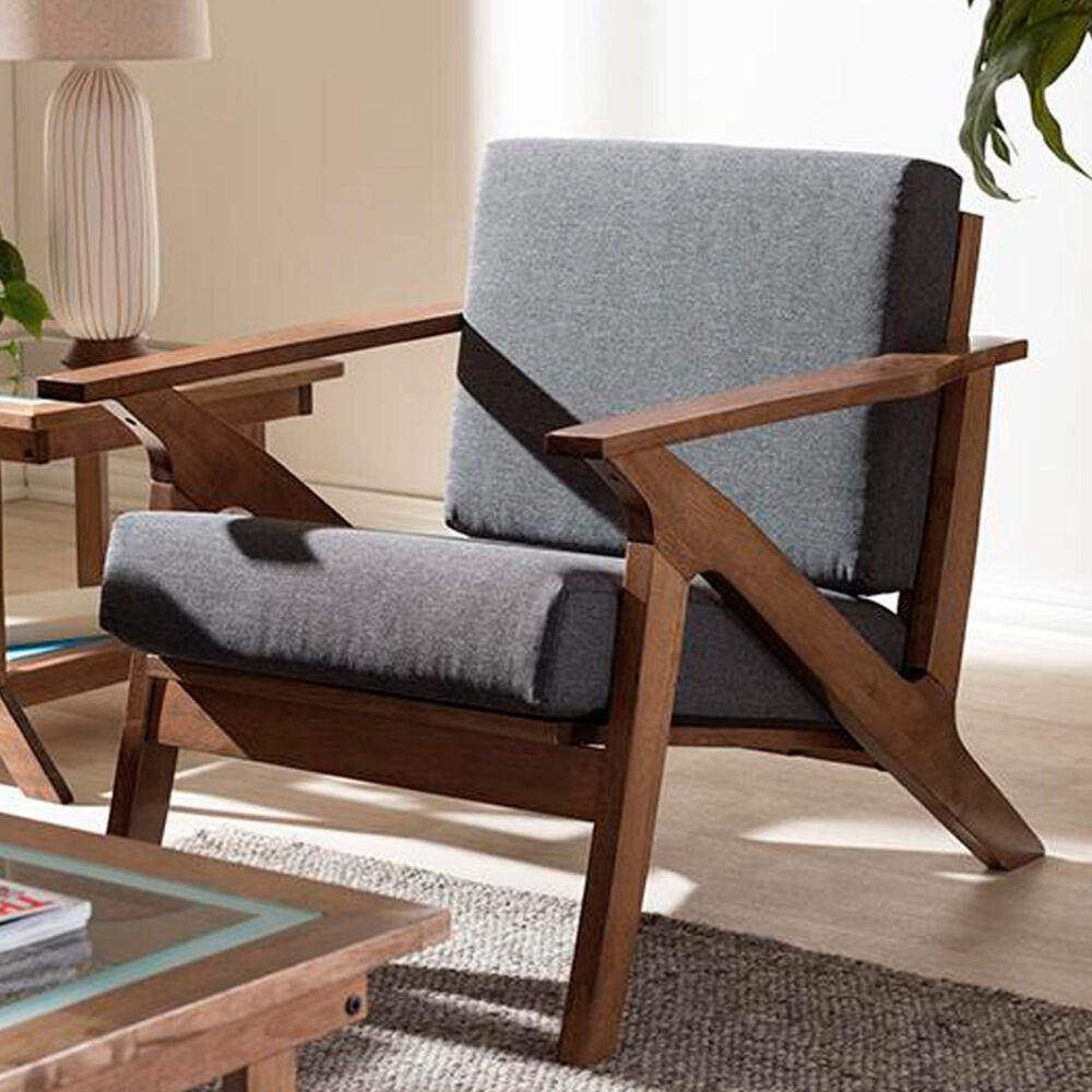 Baxton Studio Cayla 1-Seater Lounge Chair with Walnut Frame in Grey, , large