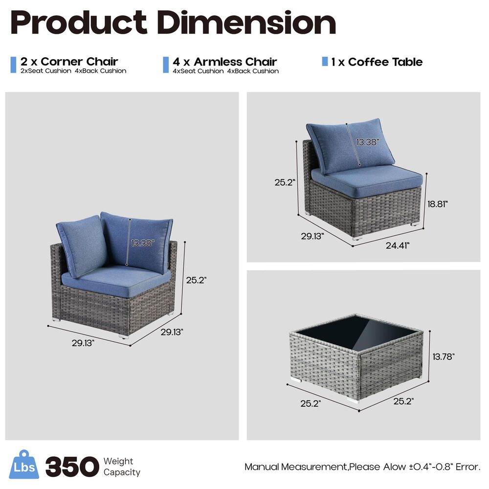 HOMLUX 7-Piece Patio Conversation Set with Grey Wicker in Denim Blue, , large