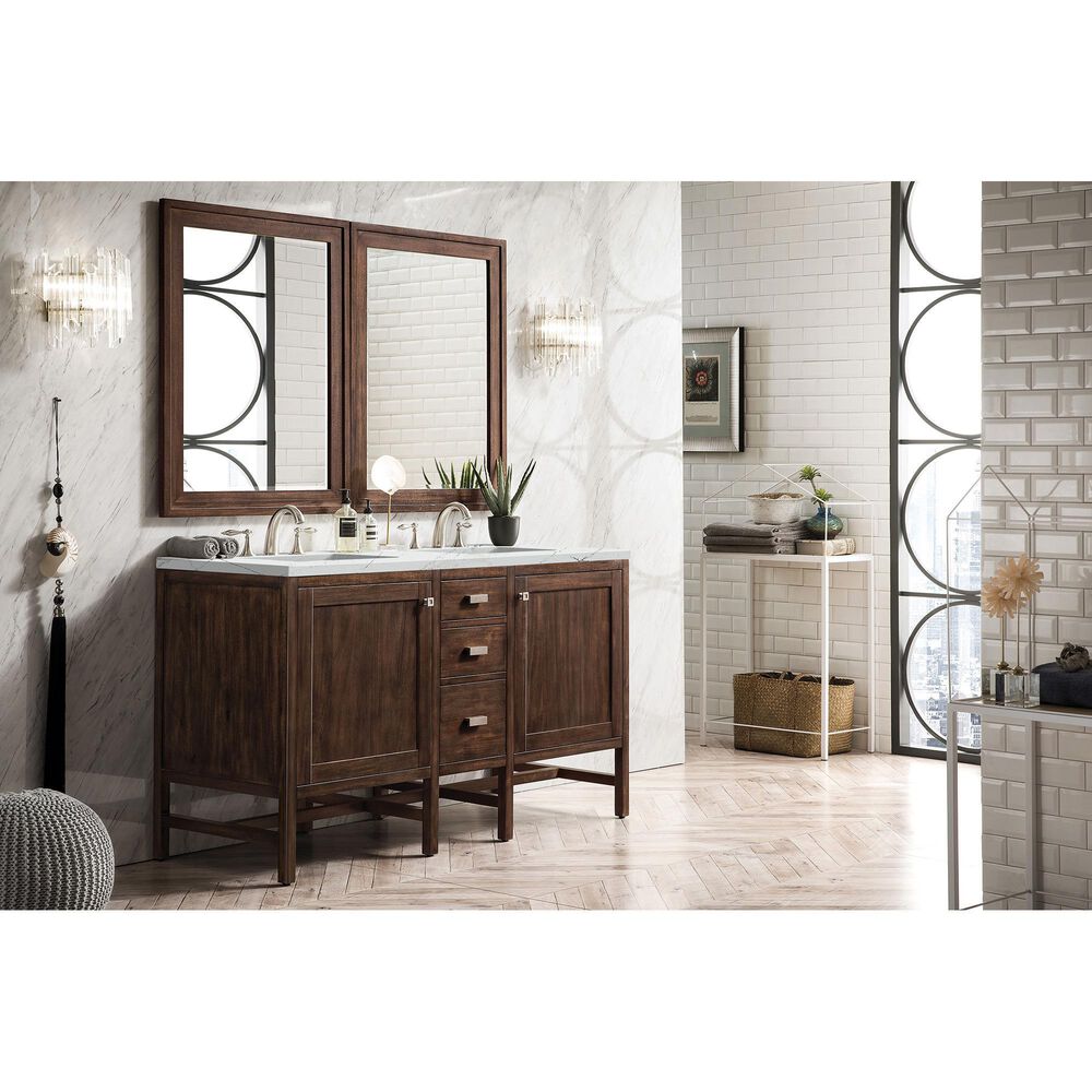 James Martin Vanities Addison 60&quot; Double Bathroom Vanity in Mid Century Acacia with 3 cm Ethereal Noctis Quartz Top and Rectangular Sinks, , large