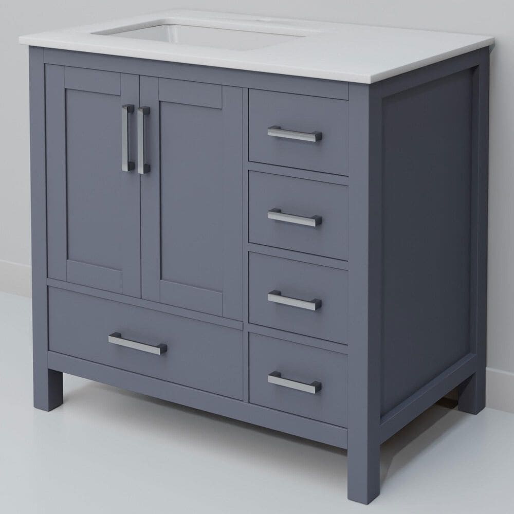 Lexora Home Jacques 36" Left Offset Single Bathroom Vanity in Dark Grey with 2 cm White Quartz Top and Rectangular Sink, , large