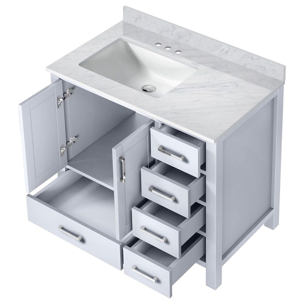 Lexora Home Jacques 36&quot; Left Offset Single Bathroom Vanity in White with 2 cm White Carrara Marble Top and Rectangular Sink, , large