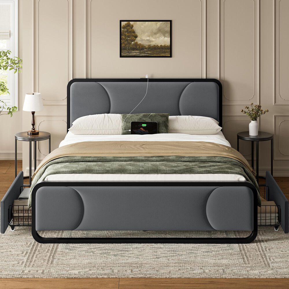 HOMLUX Full Upholstered Platform Storage Bed Frame in Gray, , large