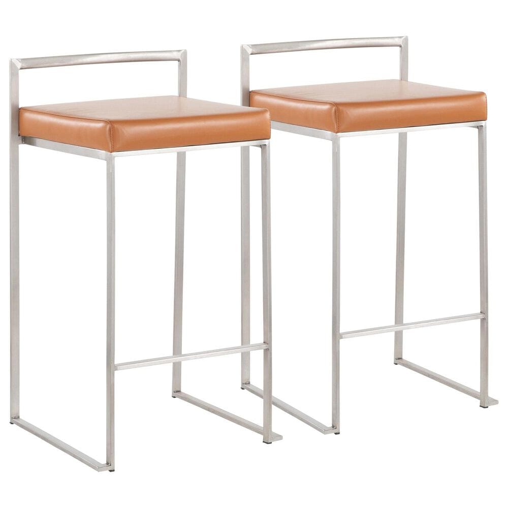 Lumisource Fuji Stackable Counter Stool with Camel Faux Leather Cushion in Brushed Stainless Steel (Set of 2), , large