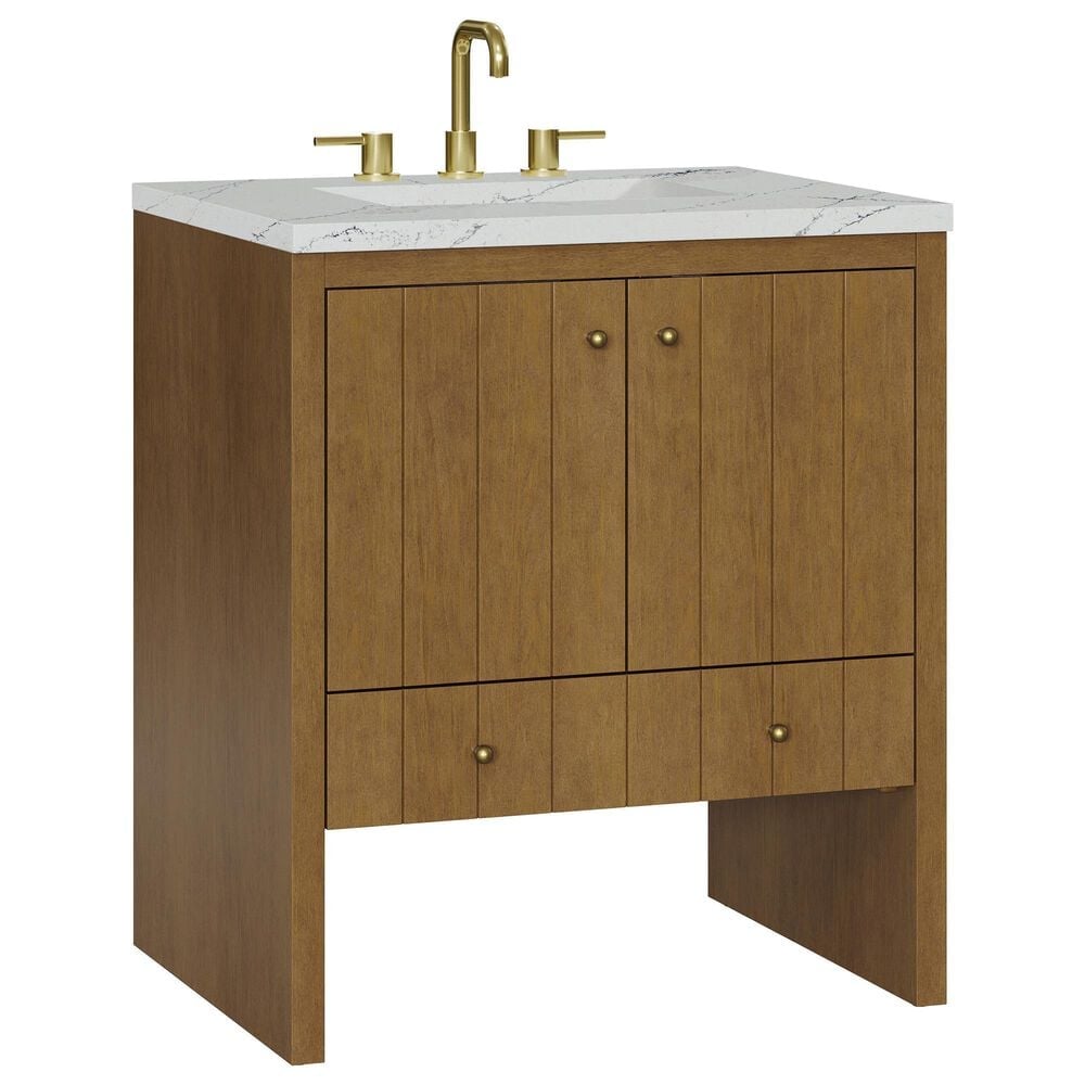 James Martin Hudson 30" Single Bathroom Vanity in Honey Oak with 3 cm Ethereal Noctis Silestone Top and Rectangular Sink, , large