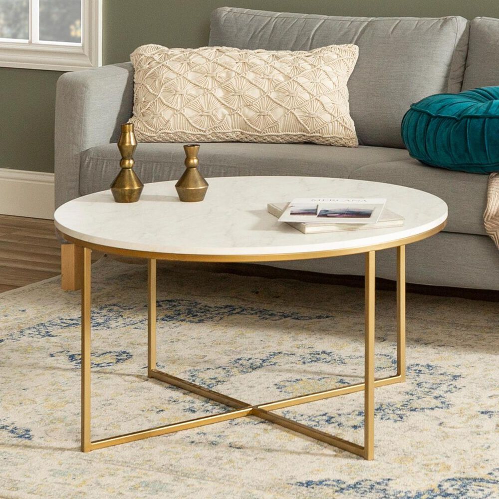 Walker Edison Alissa Coffee Table in Faux Marble and Gold, , large
