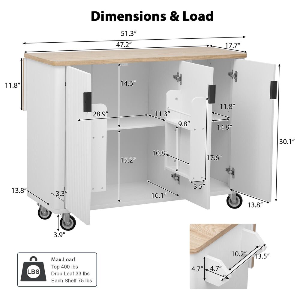 HOMLUX 51" Kitchen Island with Drop Leaf in White Ash, , large