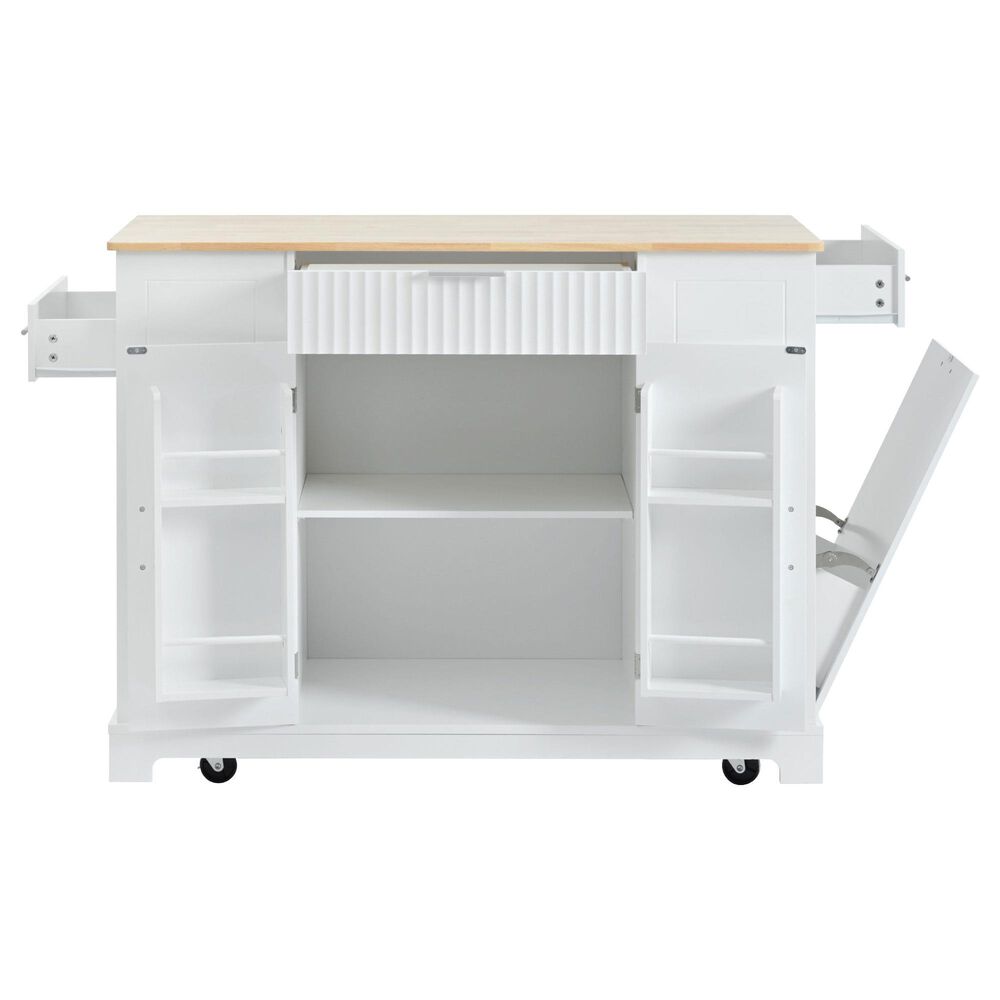 HOMLUX 47" Fluted Kitchen Island with Trash Can Storage Cabinet in White and Natural, , large