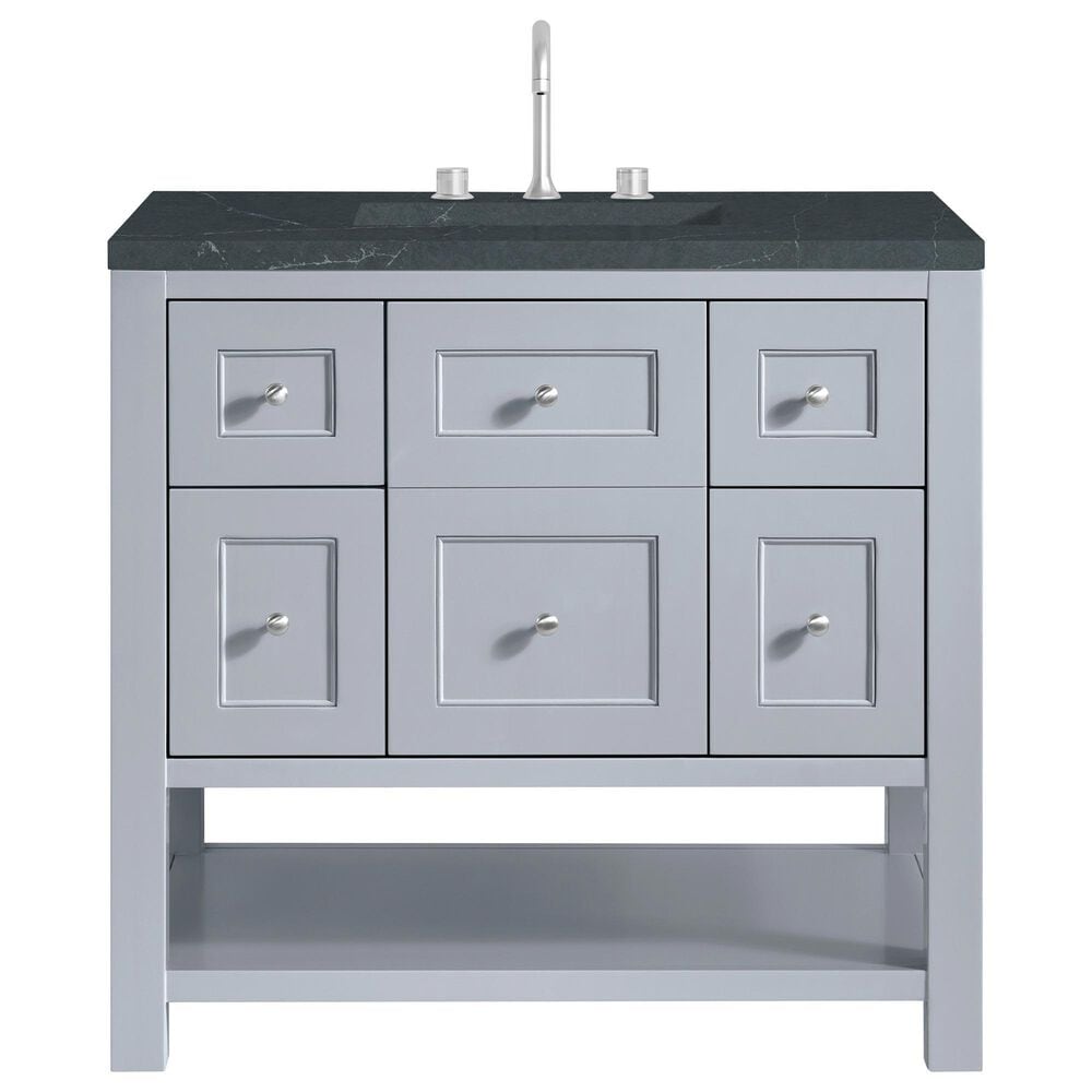 James Martin Vanities Breckenridge 36" Single Bathroom Vanity in Serenity Blue with 3 cm Charcoal Soapstone Quartz Top and Rectangular Sink, , large