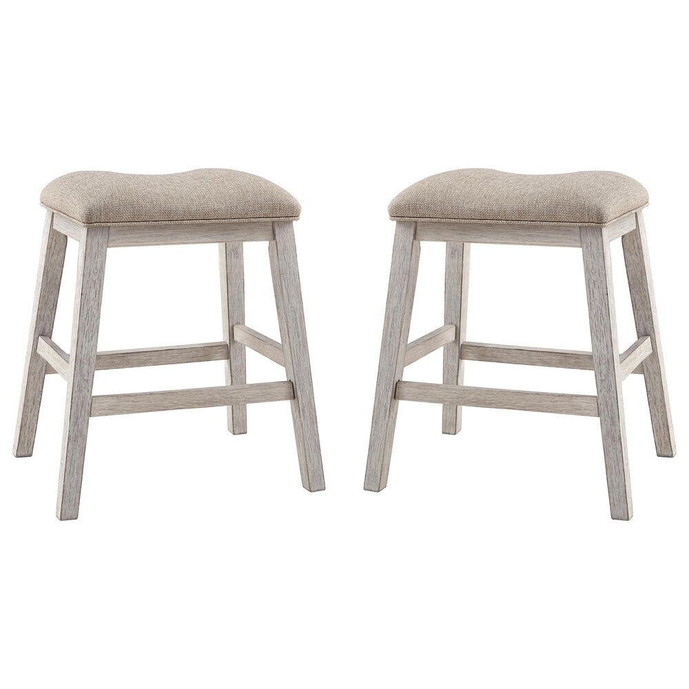 Ashley Skempton Upholstered Counter Stool in Distressed White and Light Brown (Set of 2), , large