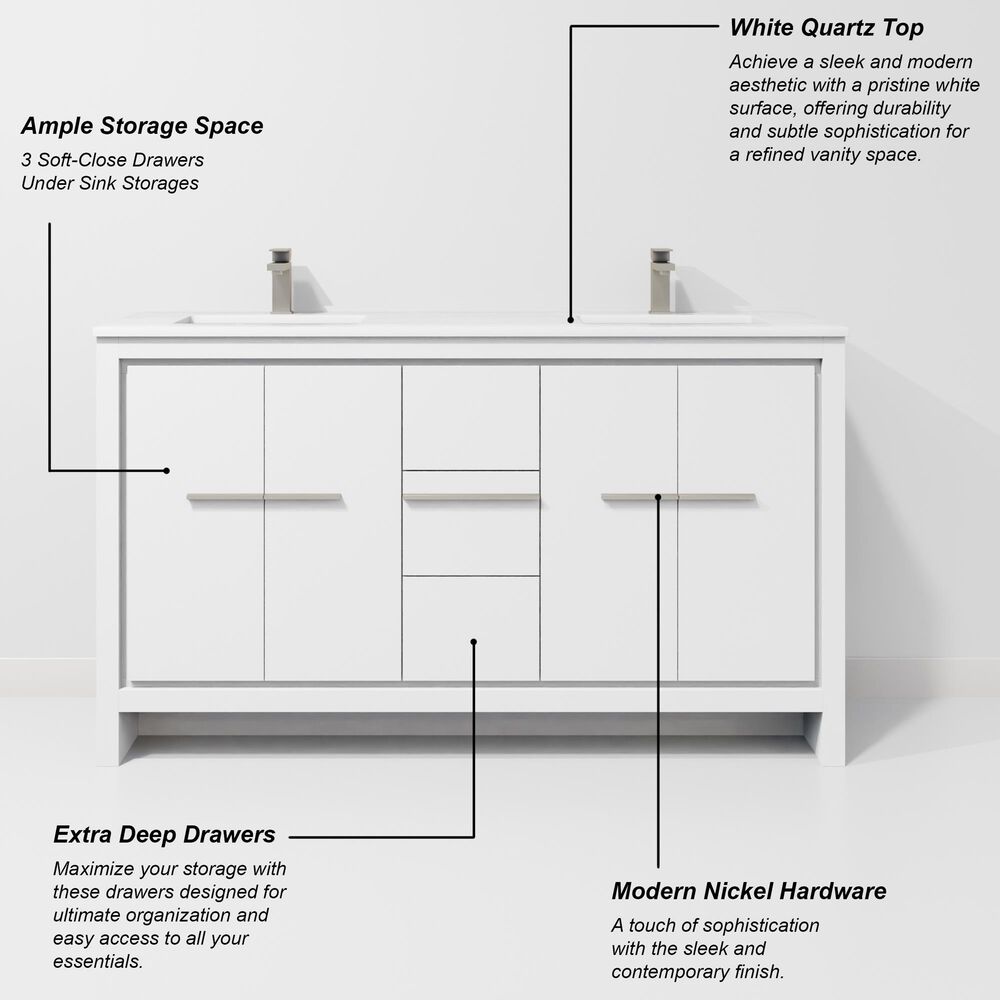 Lexora Home Lafarre 60" Double Bathroom Vanity in White with 2 cm White Quartz Top and Rectangular Sinks, , large