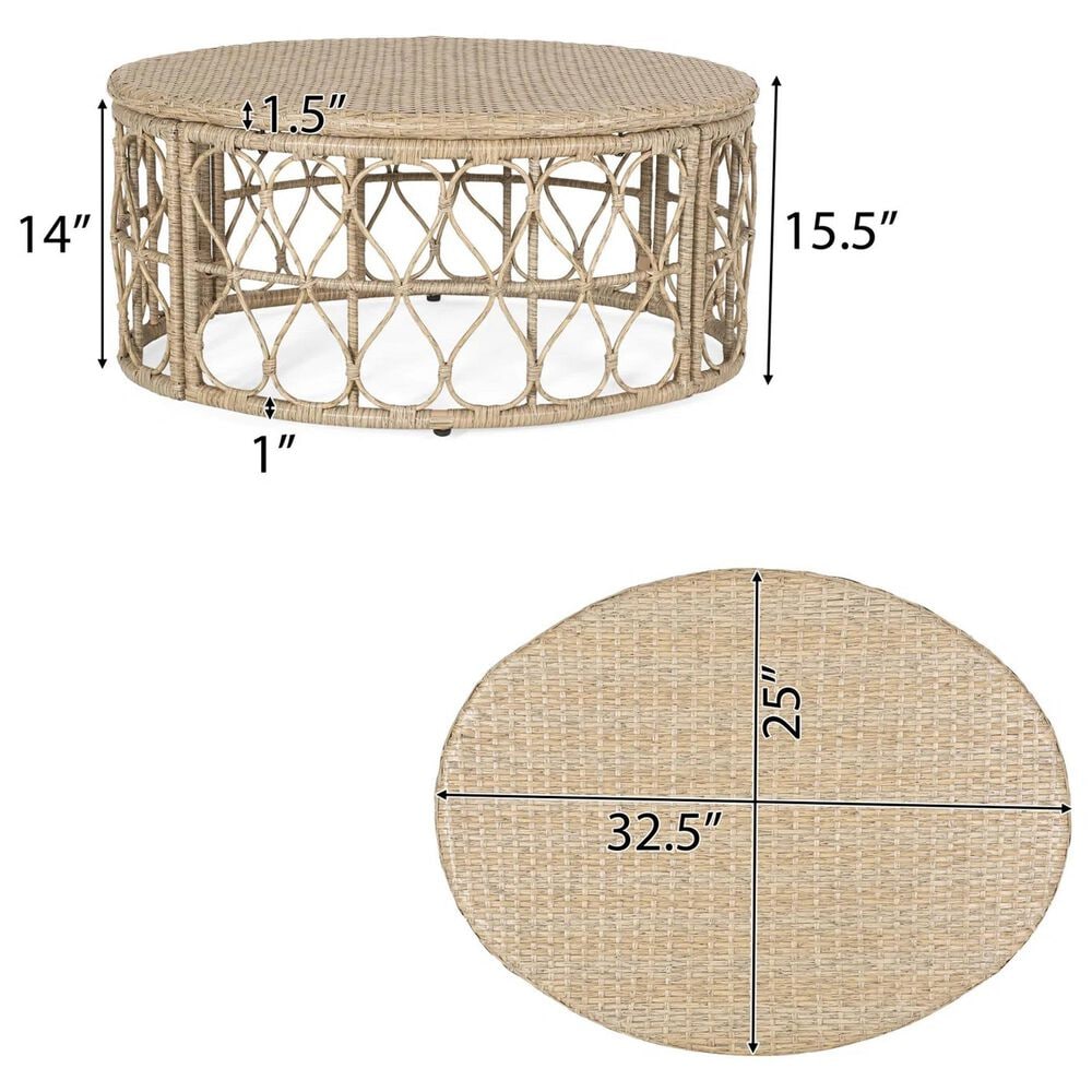 Hearth and Haven Bruce Outdoor Round Wicker Coffee Table with Open Lattice Design in Brown, , large