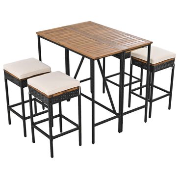 Hearth and Haven 5-Piece Outdoor Patio Wicker Bar Set with Off-White Cushion in Black and Brown, , large