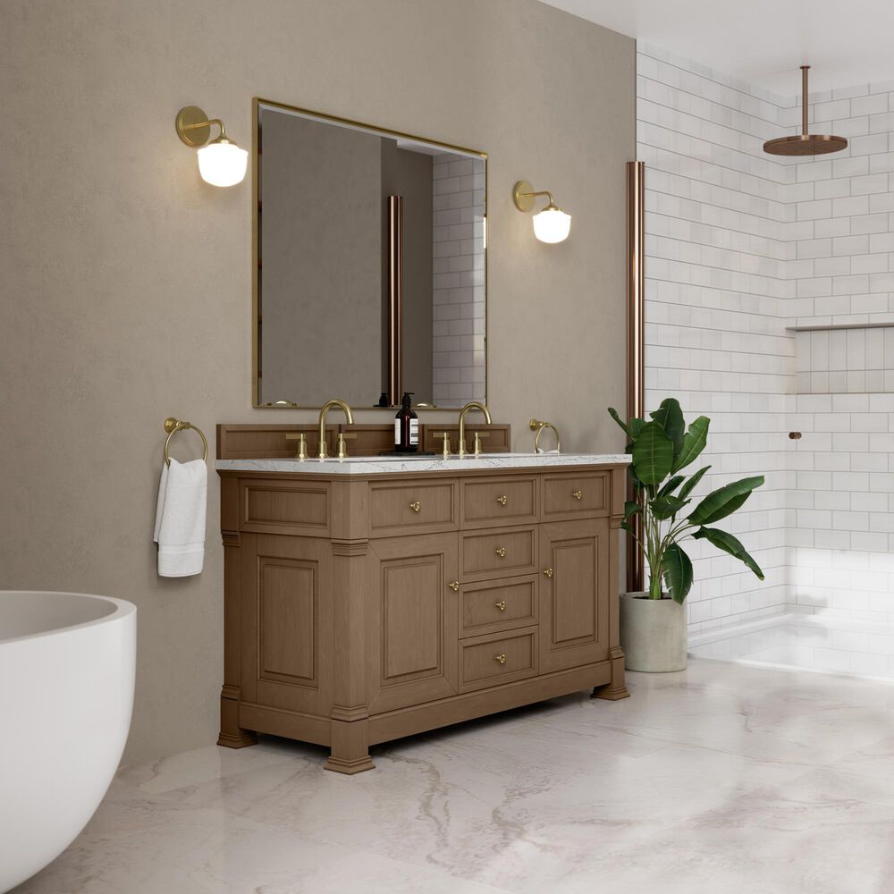 James Martin Vanities Brookfield 60" Double Bathroom Vanity in Pecan with 3 cm Eternal Jasmine Pearl Quartz Top and Rectangular Sinks, , large