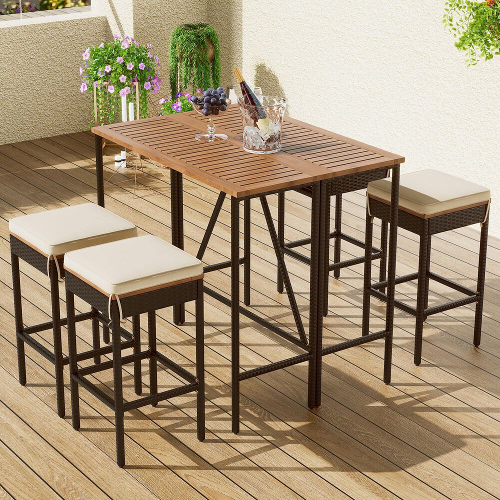 Hearth and Haven 5-Piece Outdoor Patio Wicker Bar Set with Off-White Cushion in Black and Brown, , large