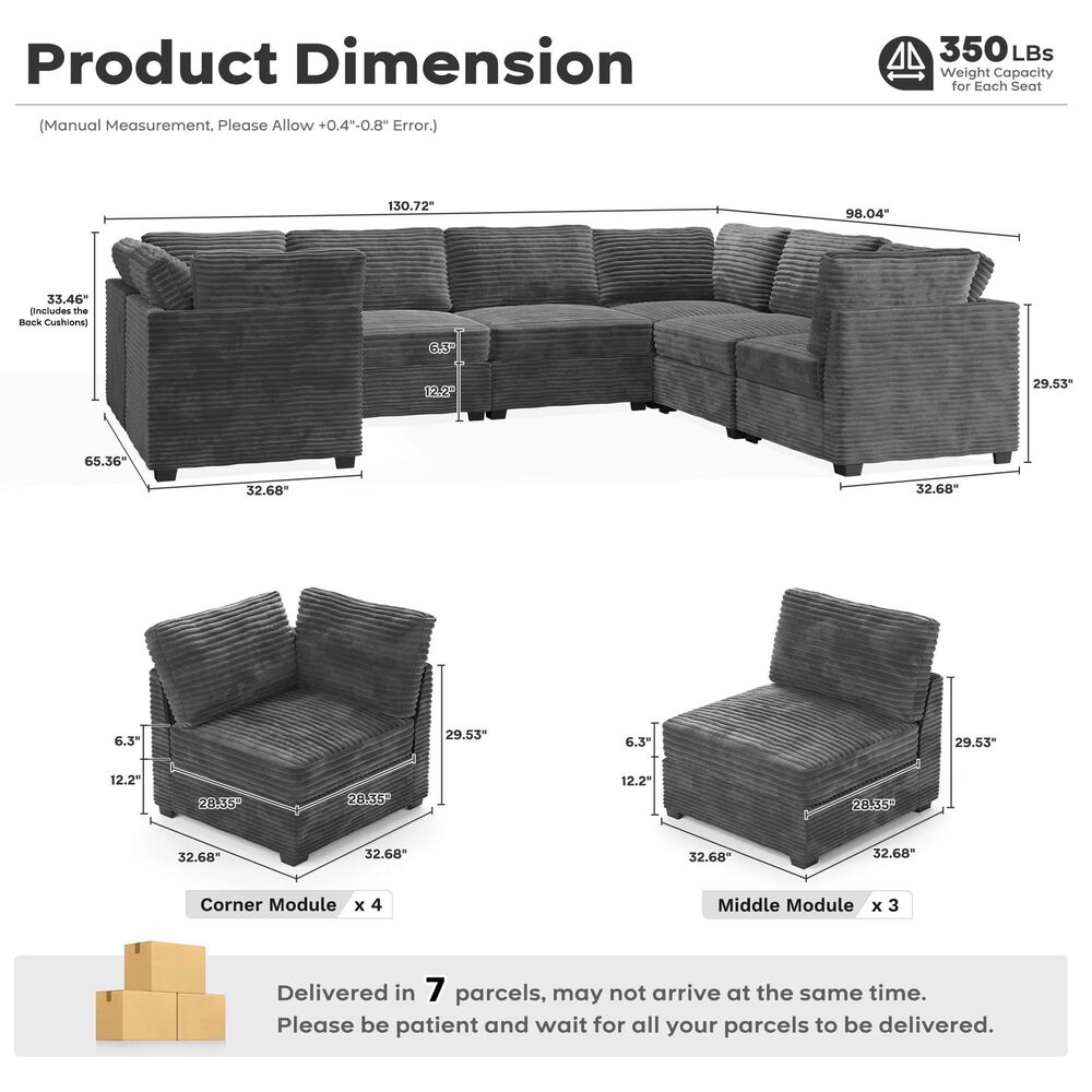 HOMLUX 7-Piece U-Shaped Mod Sectional in Gray, , large