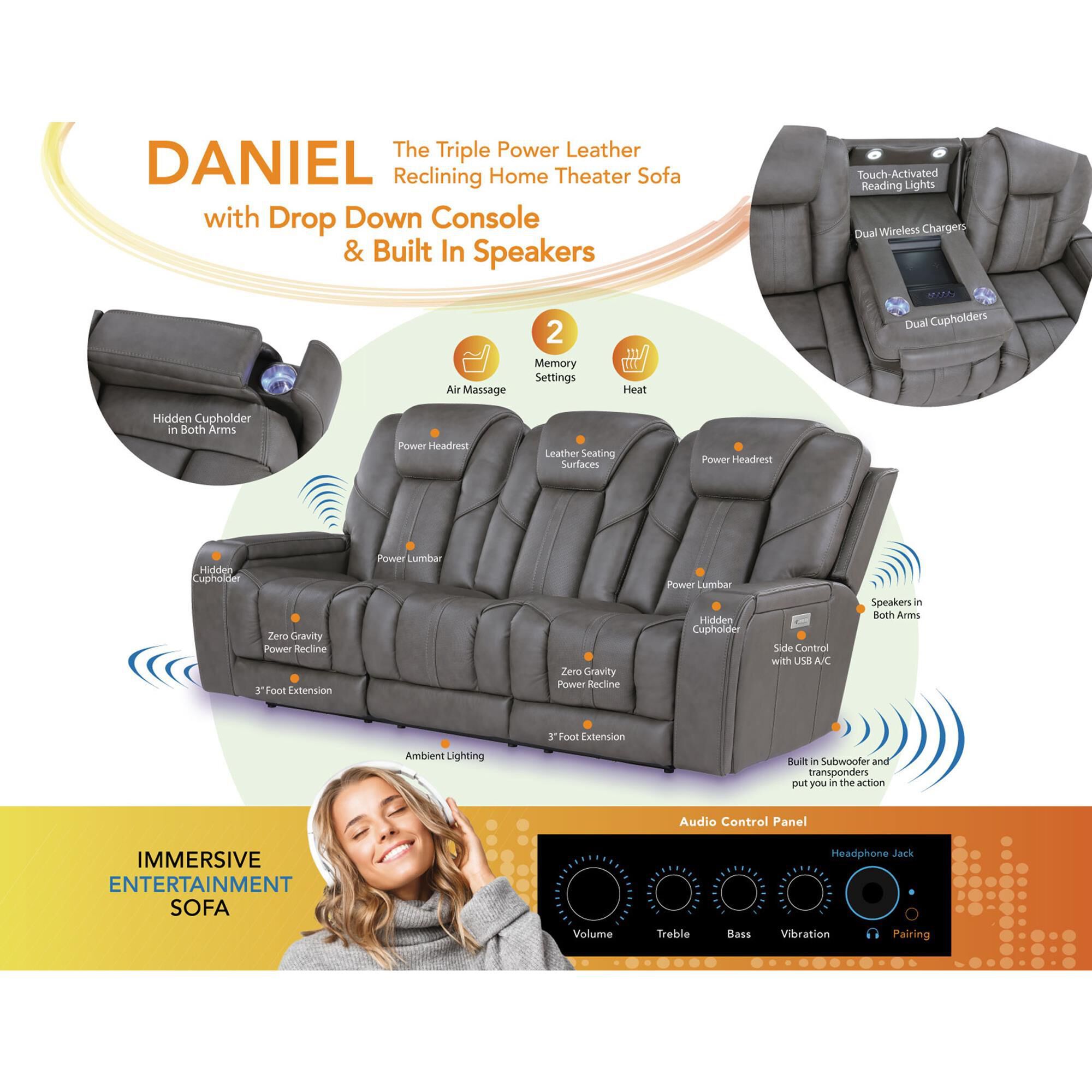 Crystal City Daniel Triple Power Reclining Sofa in Mossy Gray