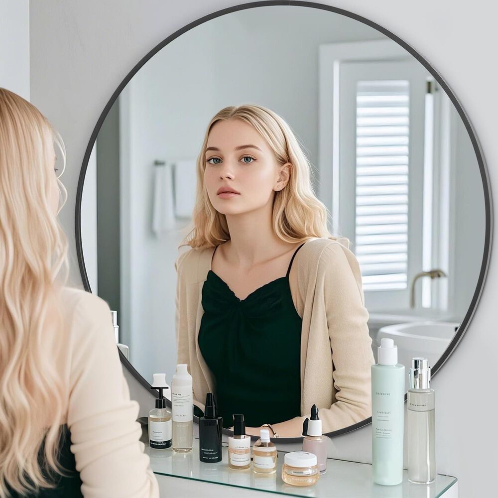 HOMLUX 30" Round Wall Mirror in Black, , large