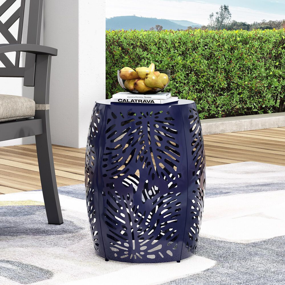 Hearth and Haven Outdoor Side Table with Tropical Palm Leaf Pattern in Navy Blue, , large