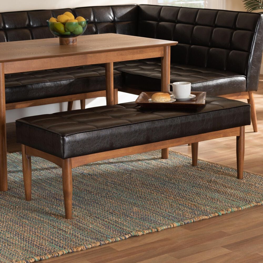 Baxton Studio Sanford Dining Bench with Dark Brown Cushion in Walnut Brown, , large