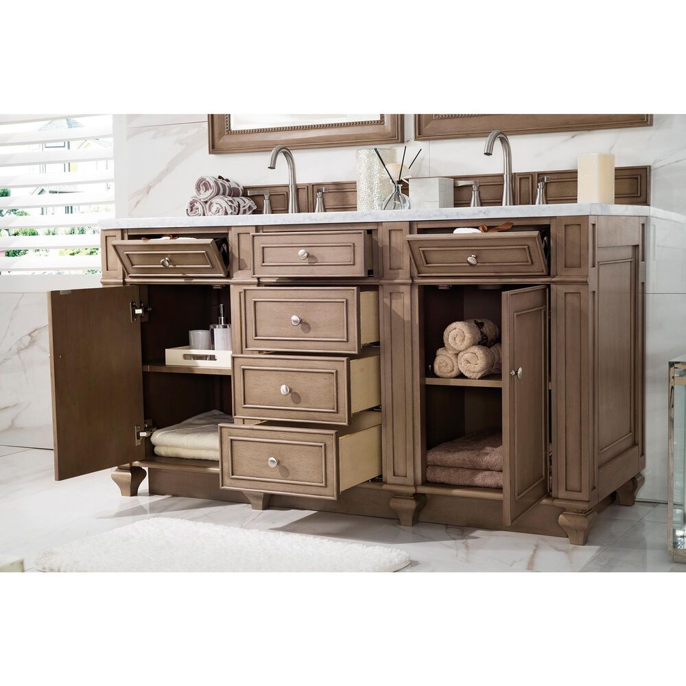 James Martin Vanities Bristol 60&quot; Double Bathroom Vanity in Whitewashed Walnut with 3 cm Arctic Fall Solid Surface Top and Rectangle Sinks, , large