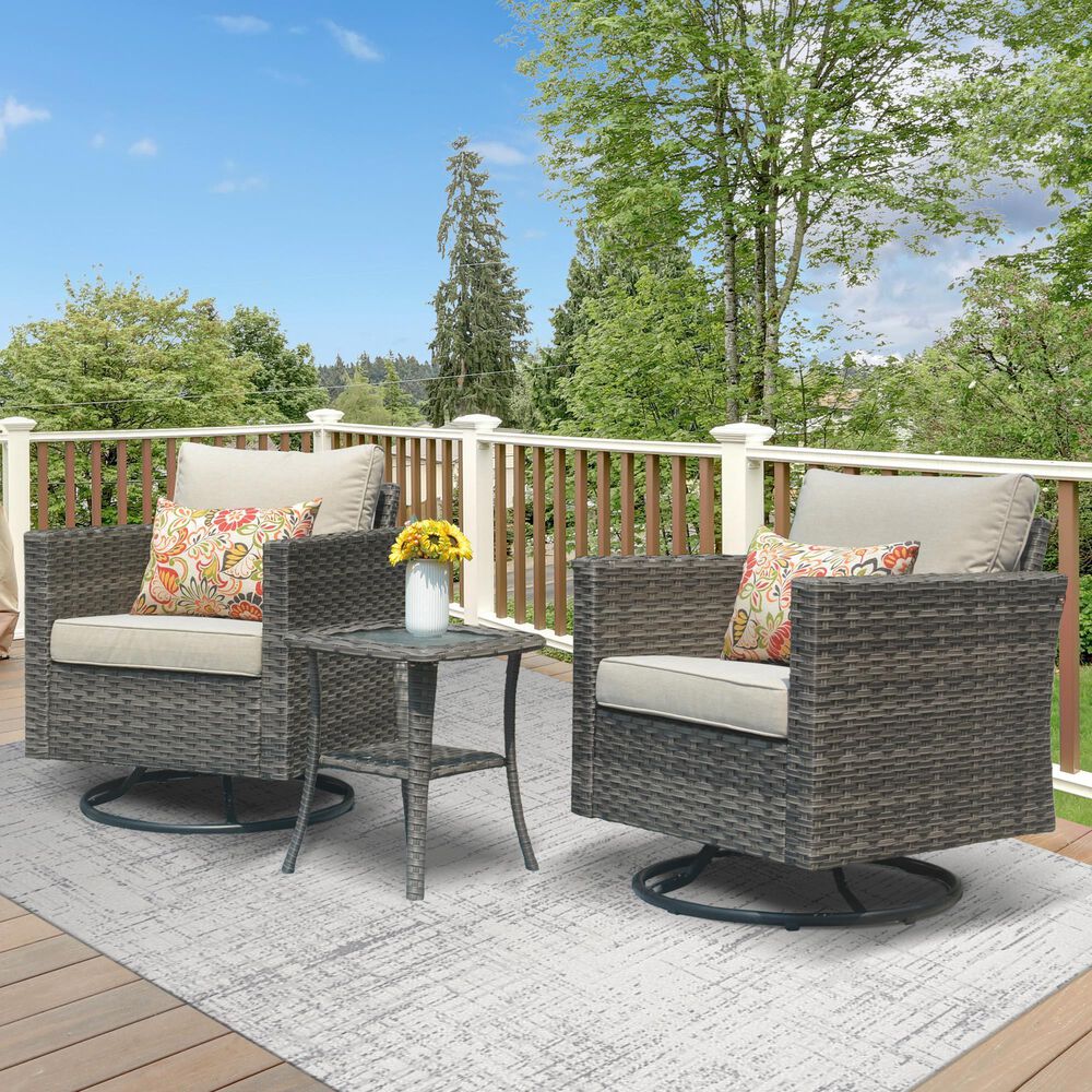 HOMLUX 3-Piece Patio Conversation Set with Square-Arm Swivel Rocking Chairs in Beige, , large