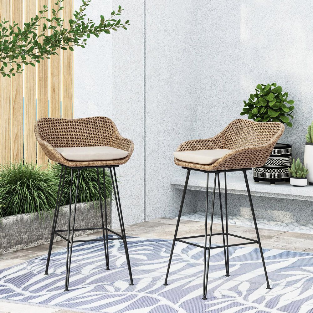 Hearth and Haven Outdoor Wicker and Iron Bar Stool in Beige &#40;Set of 2&#41;, , large