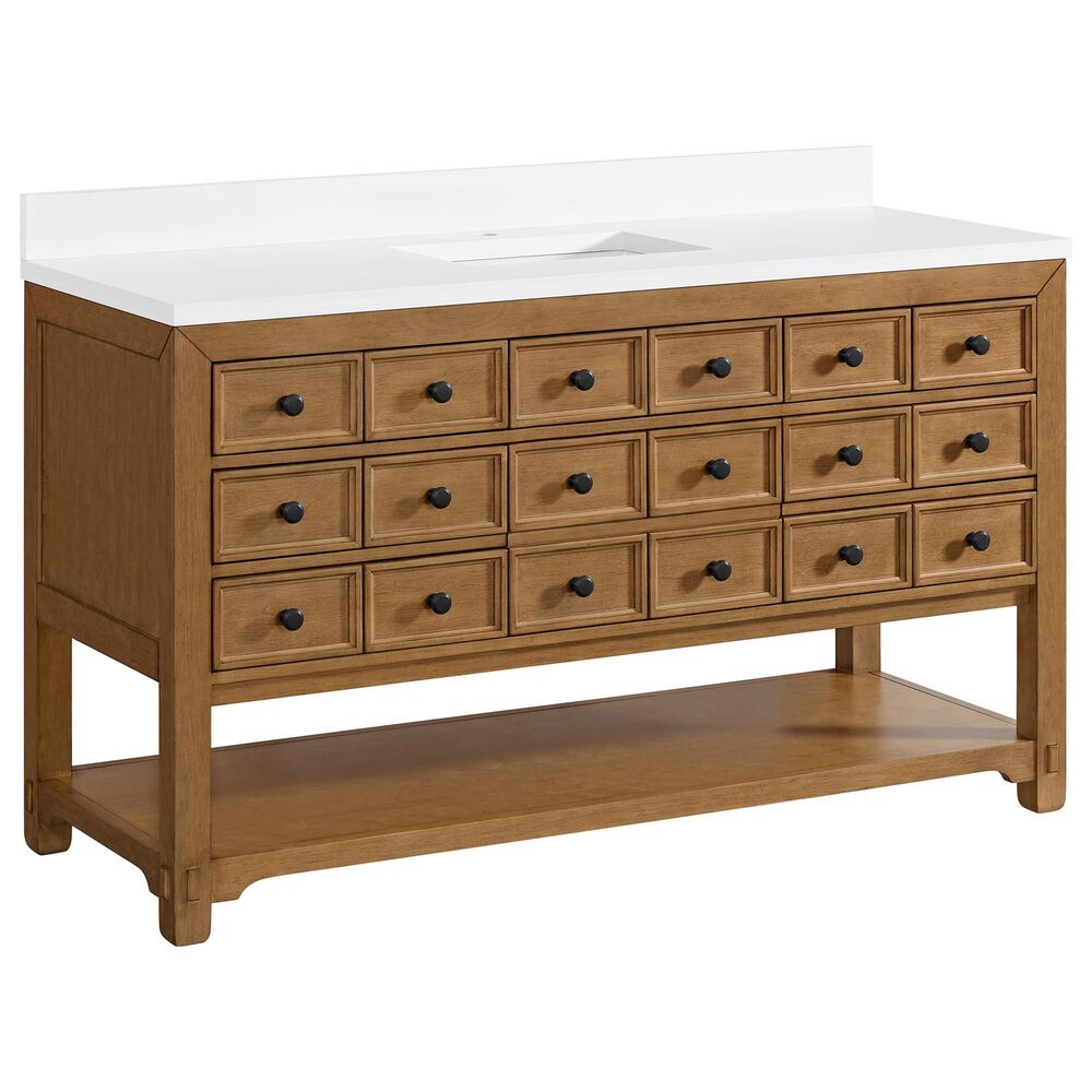 James Martin Malibu 60" Single Bathroom Vanity in Amber Birch with Single Hole 3 cm White Zeus Quartz Top and Rectangular Sink, , large