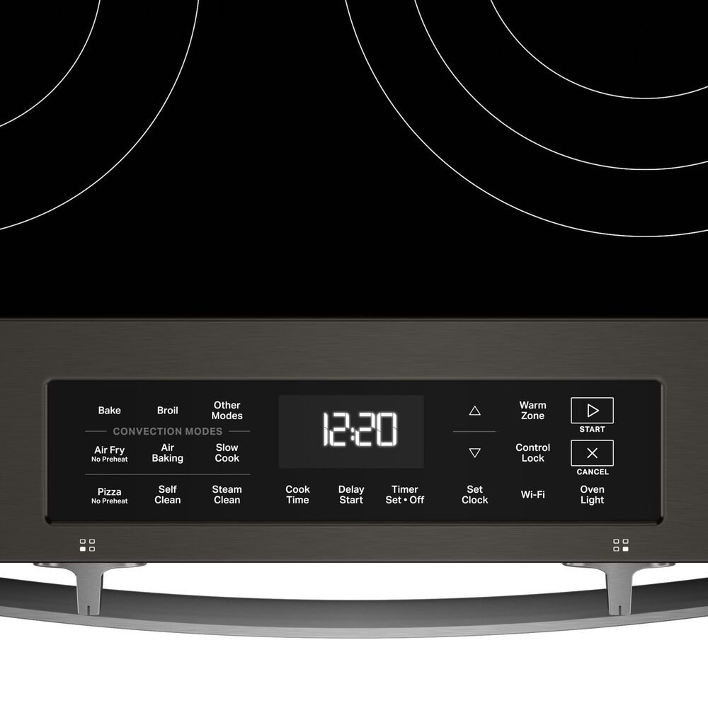 Whirlpool 2-Piece Kitchen Package with Black Stainless 5 Cu. Ft. Smart Electric Range and Fingerprint Resistant Stainless Steel 1.1 Cu. Ft. Flush Mount Microwave, , large